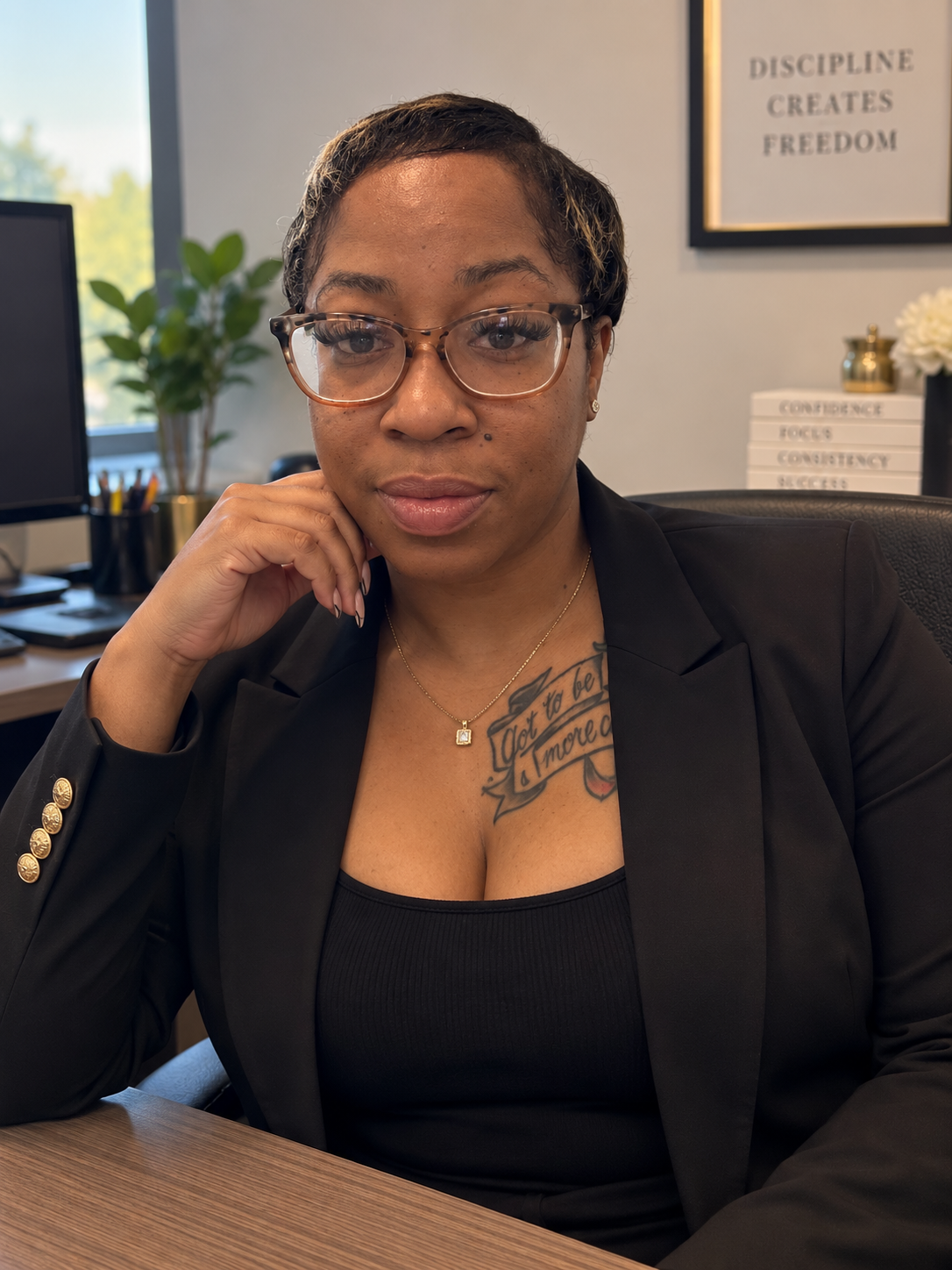 Erica Gales, founder of See One, Help One Independent Living Services, seated at her desk